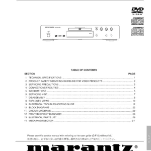Marantz dv6200 service manual cover with a photograph of this device, model type and code, manual contents and modification notice.