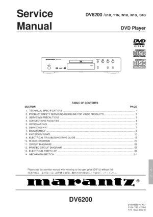 Marantz dv6200 service manual cover with a photograph of this device, model type and code, manual contents and modification notice.