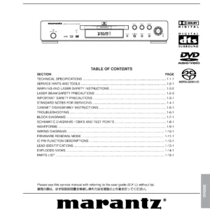 Marantz dv6500 service manual cover with a photograph of this device, model type and code, manual contents and modification notice.