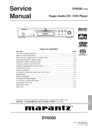 Marantz dv6500 service manual cover with a photograph of this device, model type and code, manual contents and modification notice.