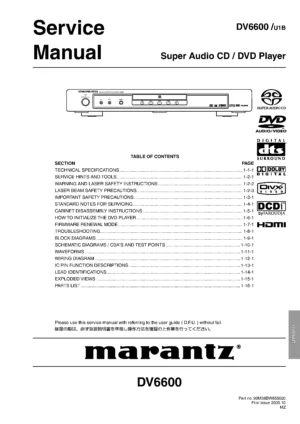 Marantz dv6600 service manual cover with a photograph of this device, model type and code, manual contents and modification notice.
