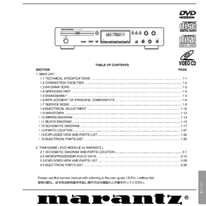 Marantz dv7000 service manual cover with a photograph of this device, model type and code, manual contents and modification notice.