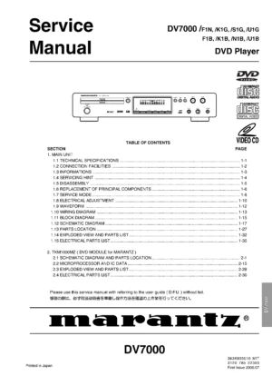 Marantz dv7000 service manual cover with a photograph of this device, model type and code, manual contents and modification notice.