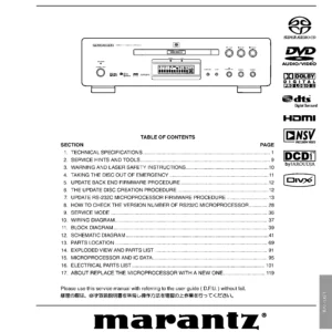 Marantz dv7001 service manual cover with a photograph of this device, model type and code, manual contents and modification notice.