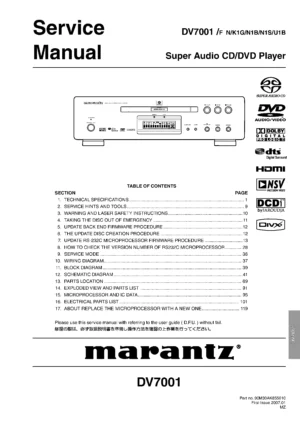 Marantz dv7001 service manual cover with a photograph of this device, model type and code, manual contents and modification notice.