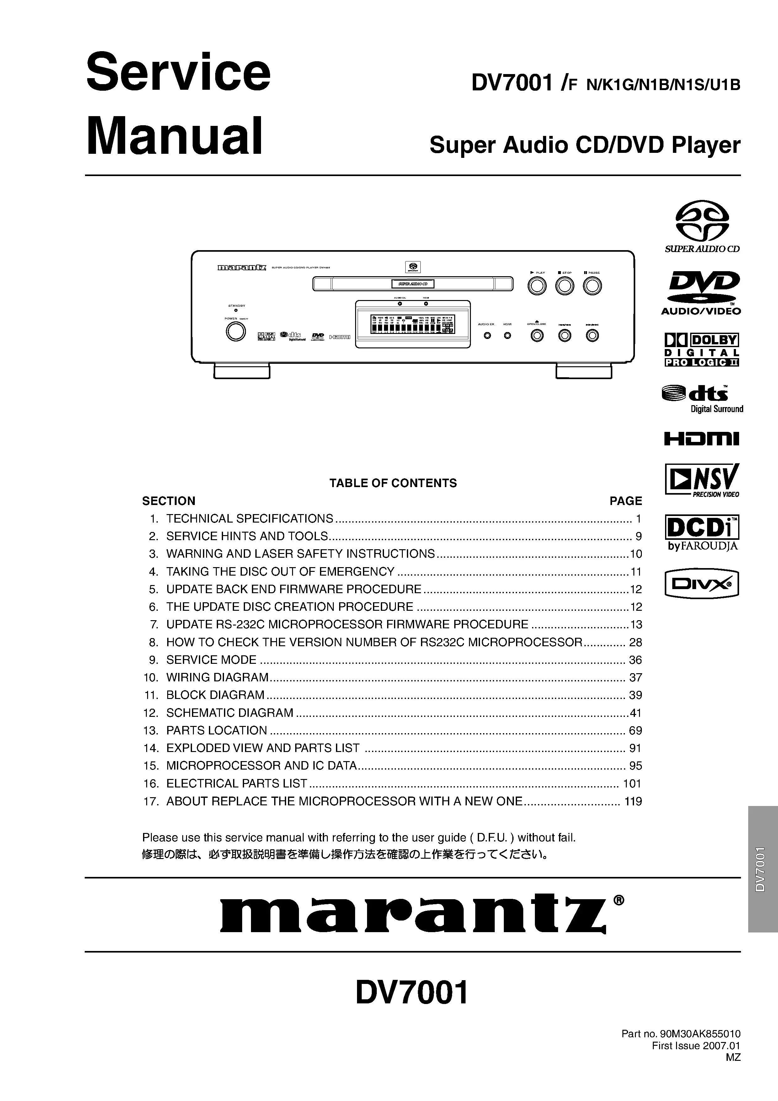 Marantz dv7001 service manual cover with a photograph of this device, model type and code, manual contents and modification notice.