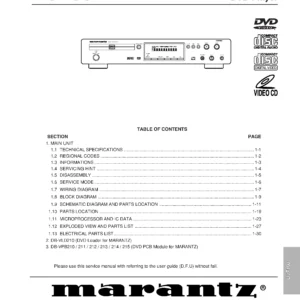 Marantz dv7100 service manual cover with a photograph of this device, model type and code, manual contents and modification notice.