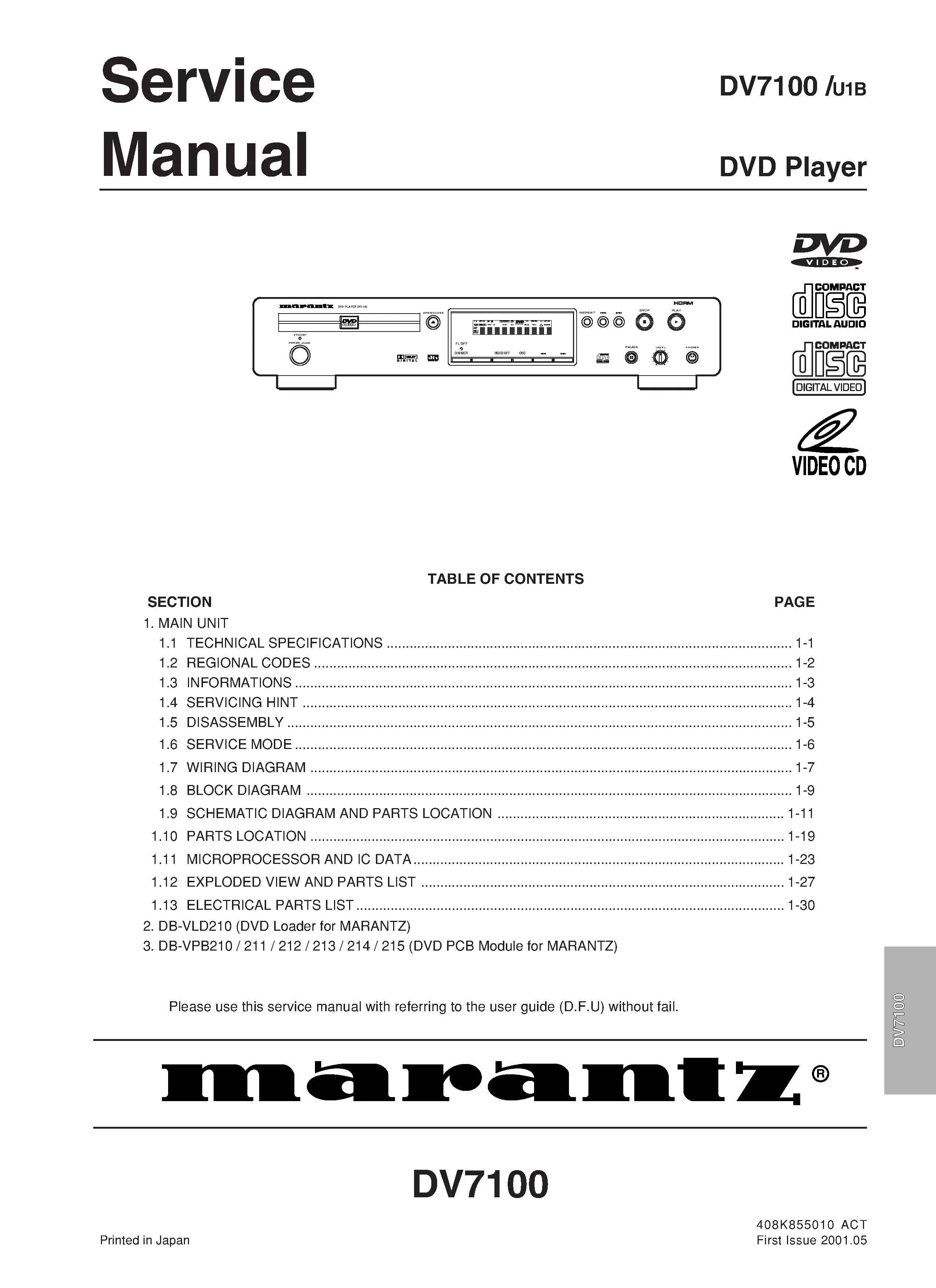 Marantz dv7100 service manual cover with a photograph of this device, model type and code, manual contents and modification notice.