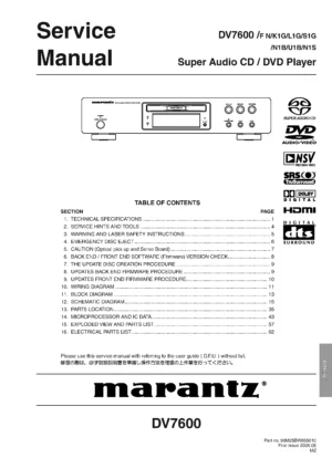 Marantz dv7600 service manual cover with a photograph of this device, model type and code, manual contents and modification notice.