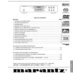Marantz dv8300 service manual cover with a photograph of this device, model type and code, manual contents and modification notice.