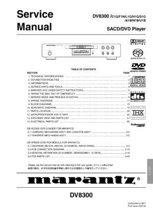 Marantz dv8300 service manual cover with a photograph of this device, model type and code, manual contents and modification notice.