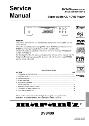 Marantz dv8400 service manual cover with a photograph of this device, model type and code, manual contents and modification notice.