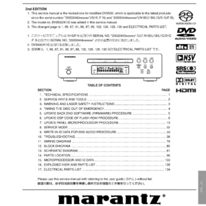 Marantz dv9500 service manual cover with a photograph of this device, model type and code, manual contents and modification notice.