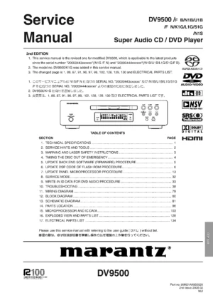 Marantz dv9500 service manual cover with a photograph of this device, model type and code, manual contents and modification notice.