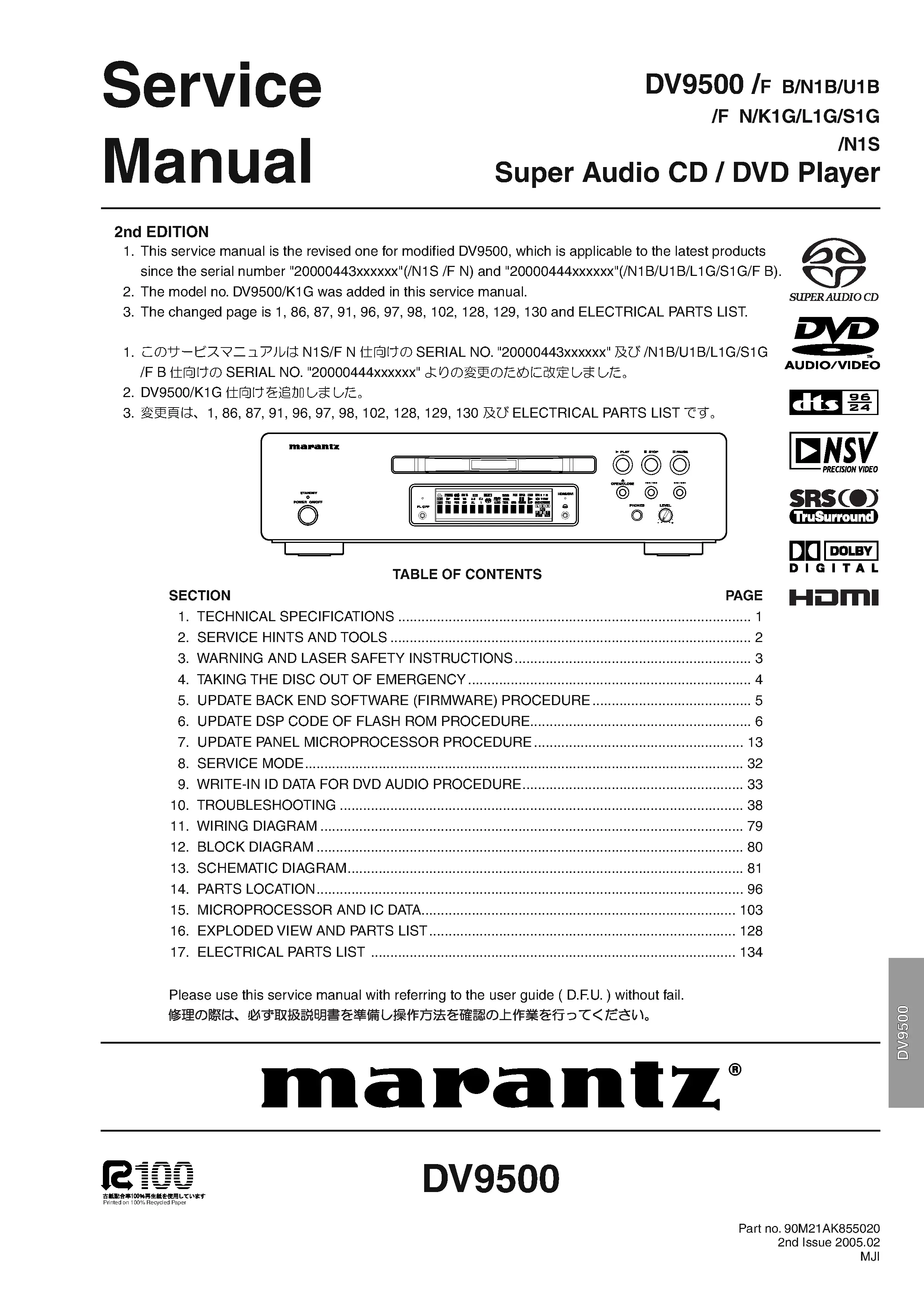 Marantz dv9500 service manual cover with a photograph of this device, model type and code, manual contents and modification notice.