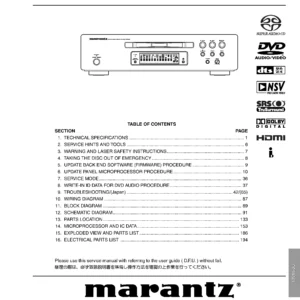 Marantz dv9600 service manual cover with a photograph of this device, model type and code, manual contents and modification notice.