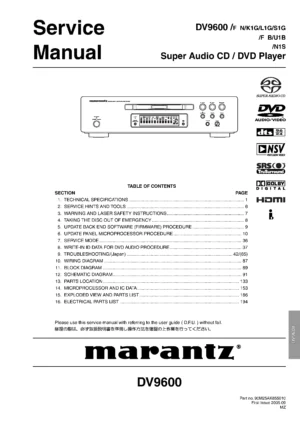 Marantz dv9600 service manual cover with a photograph of this device, model type and code, manual contents and modification notice.
