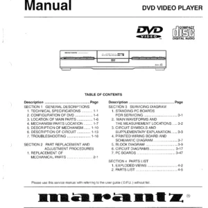 Marantz dvd810 service manual cover with a photograph of this device, model type and code, manual contents and modification notice.