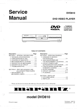 Marantz dvd810 service manual cover with a photograph of this device, model type and code, manual contents and modification notice.