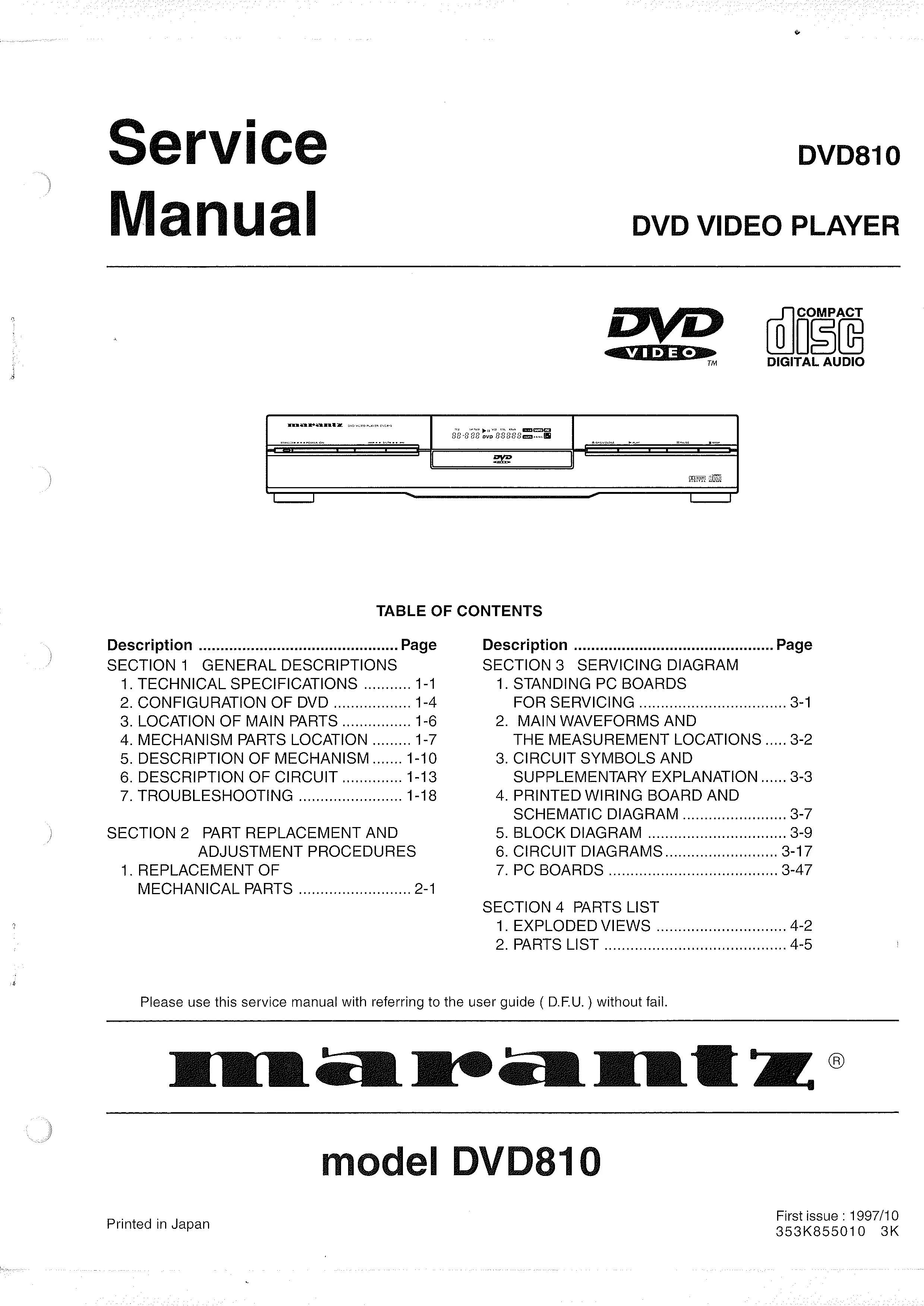 Marantz dvd810 service manual cover with a photograph of this device, model type and code, manual contents and modification notice.