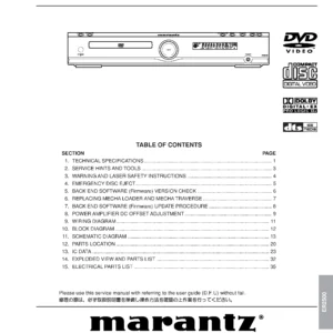 Marantz er2500 service manual cover with a photograph of this device, model type and code, manual contents and modification notice.