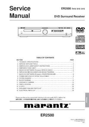 Marantz er2500 service manual cover with a photograph of this device, model type and code, manual contents and modification notice.