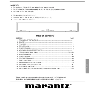 Marantz es7001 service manual cover with a photograph of this device, model type and code, manual contents and modification notice.