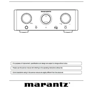 Marantz hd amp1 service manual cover with a photograph of this device, model type and code, manual contents and modification notice.