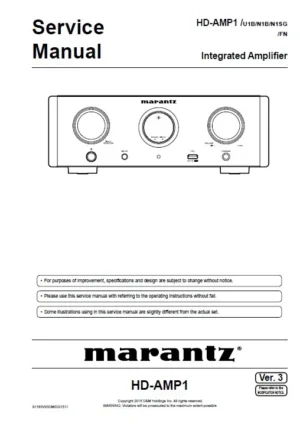 Marantz hd amp1 service manual cover with a photograph of this device, model type and code, manual contents and modification notice.