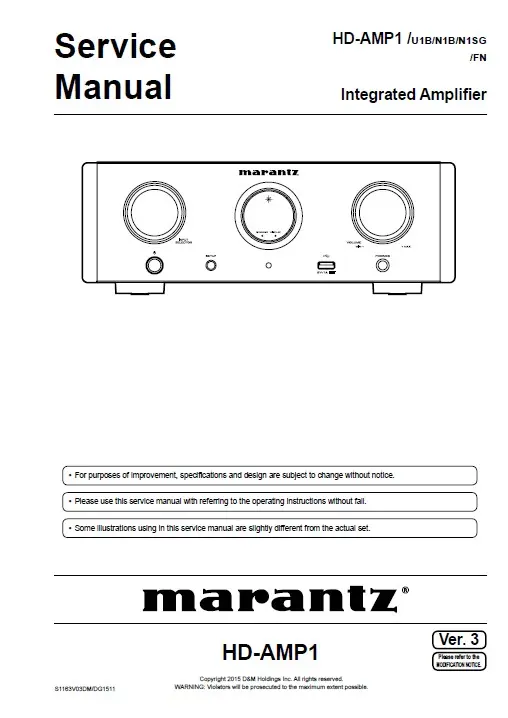 Marantz hd amp1 service manual cover with a photograph of this device, model type and code, manual contents and modification notice.
