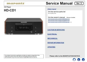 Marantz hd cd1 service manual cover with a photograph of this device, model type and code, manual contents and modification notice.