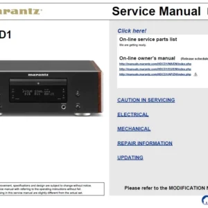 Marantz hd cd1 service manual cover with a photograph of this device, model type and code, manual contents and modification notice.