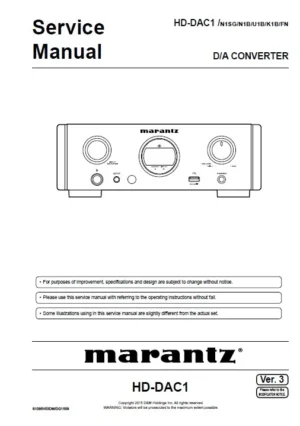 Marantz hd dac1 service manual cover with a photograph of this device, model type and code, manual contents and modification notice.