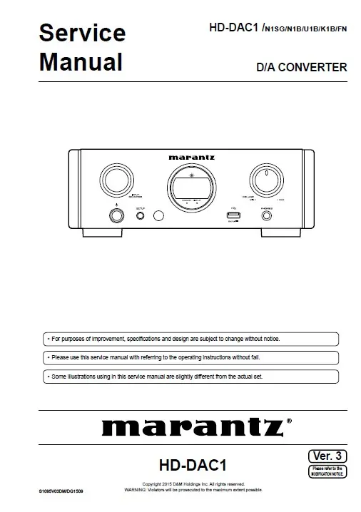 Marantz hd dac1 service manual cover with a photograph of this device, model type and code, manual contents and modification notice.