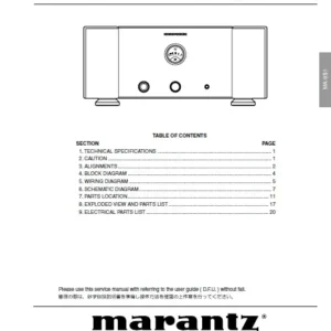Marantz ma 9s1 service manual cover with a photograph of this device, model type and code, manual contents and modification notice.