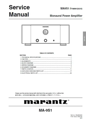 Marantz ma 9s1 service manual cover with a photograph of this device, model type and code, manual contents and modification notice.