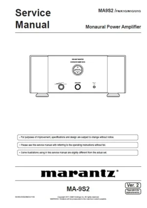 Marantz ma 9s2 service manual cover with a photograph of this device, model type and code, manual contents and modification notice.