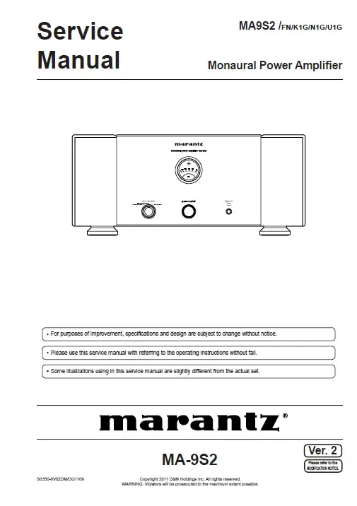 Marantz ma 9s2 service manual cover with a photograph of this device, model type and code, manual contents and modification notice.