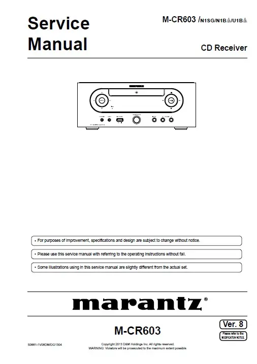 Marantz melody m cr603 mcr603 service manual cover with a photograph of this device, model type and code, manual contents and modification notice.