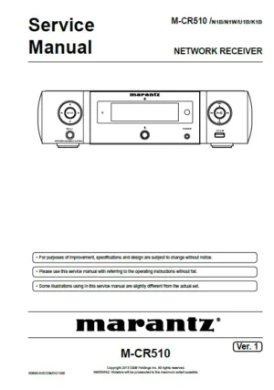 Marantz melody mcr510 m cr510 service manual cover with a photograph of this device, model type and code, manual contents and modification notice.