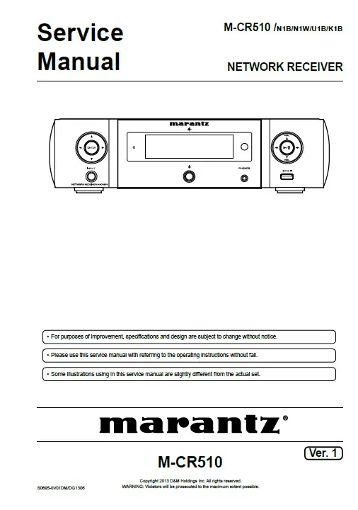 Marantz melody mcr510 m cr510 service manual cover with a photograph of this device, model type and code, manual contents and modification notice.