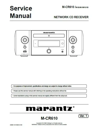 Marantz melody mcr610 m cr610 service manual cover with a photograph of this device, model type and code, manual contents and modification notice.
