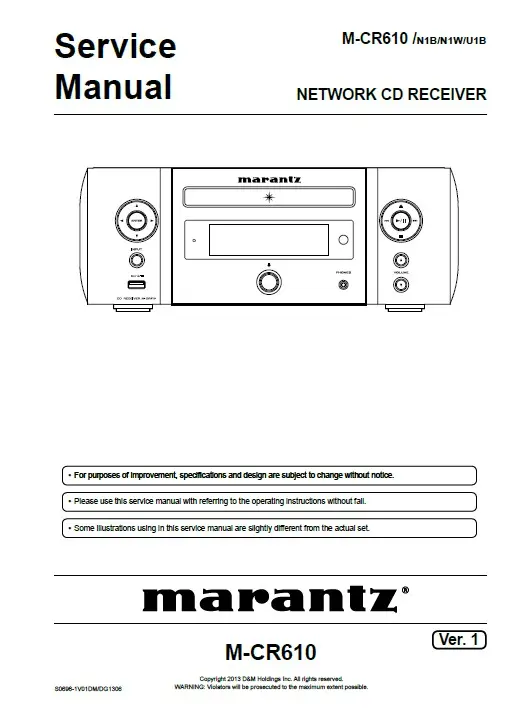 Marantz melody mcr610 m cr610 service manual cover with a photograph of this device, model type and code, manual contents and modification notice.