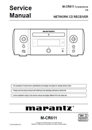 Marantz melody mcr611 m cr611 service manual cover with a photograph of this device, model type and code, manual contents and modification notice.