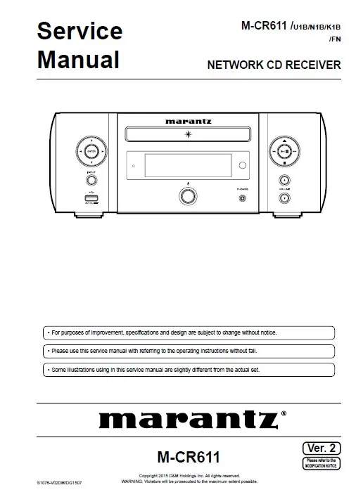 Marantz melody mcr611 m cr611 service manual cover with a photograph of this device, model type and code, manual contents and modification notice.