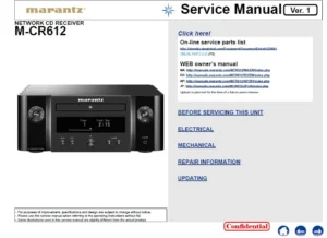Marantz melody x m cr612 service manual cover with a photograph of this device, model type and code, manual contents and modification notice.