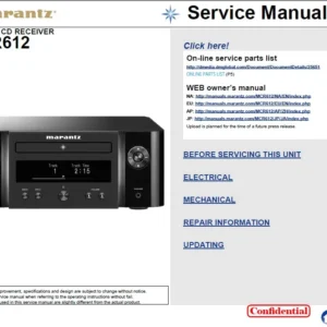 Marantz melody x m cr612 service manual cover with a photograph of this device, model type and code, manual contents and modification notice.