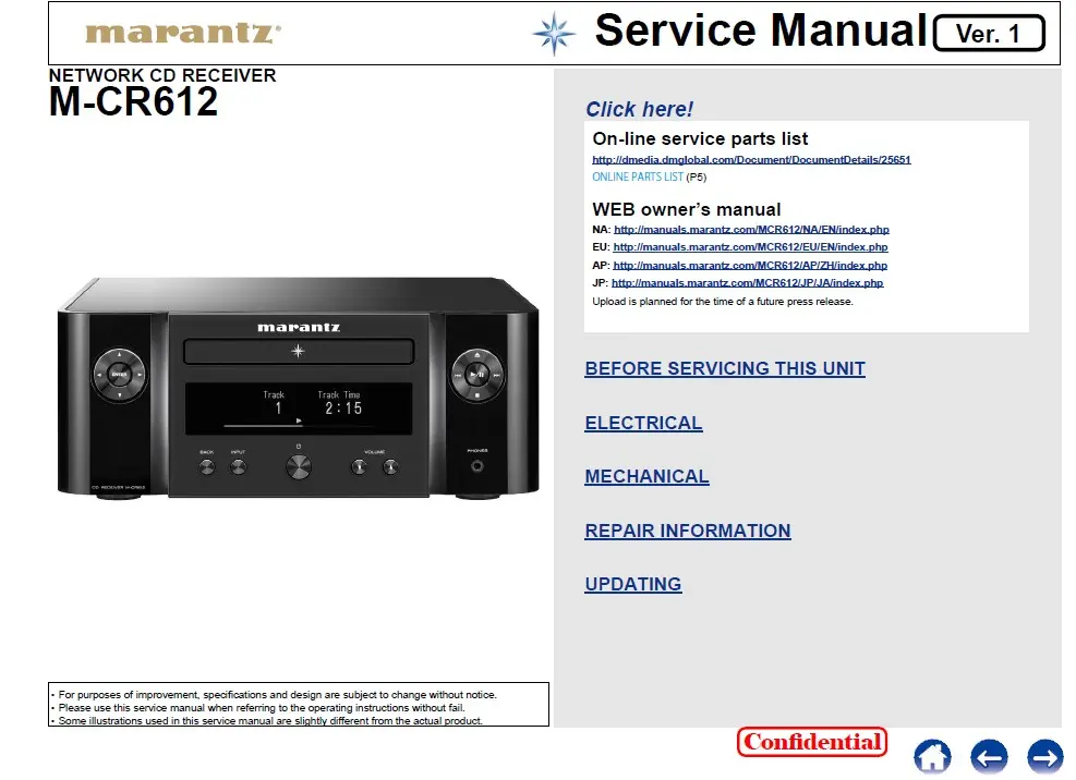 Marantz melody x m cr612 service manual cover with a photograph of this device, model type and code, manual contents and modification notice.
