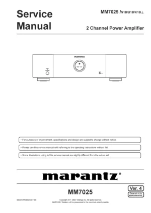 Marantz mm7025 service manual cover with a photograph of this device, model type and code, manual contents and modification notice.