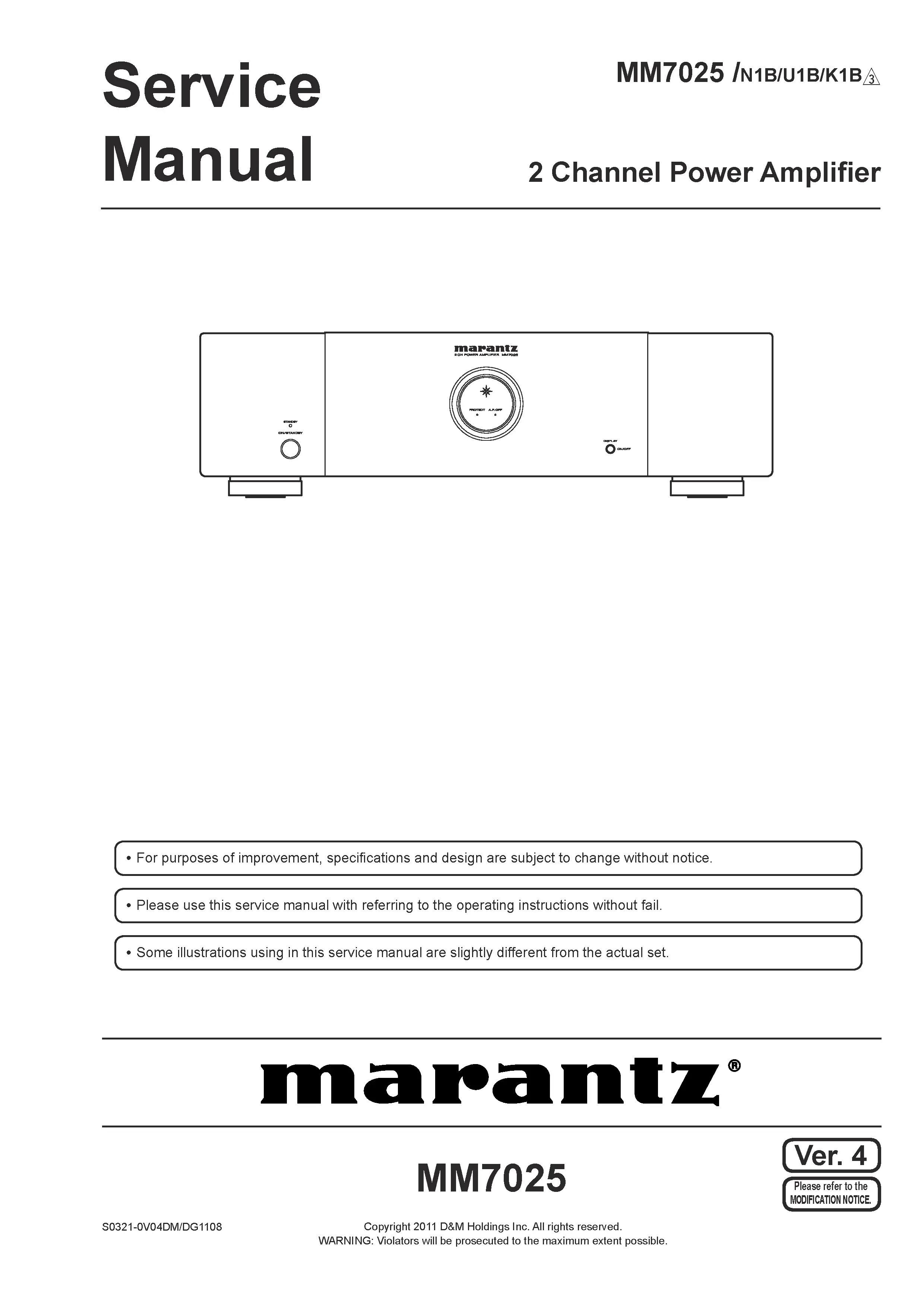 Marantz mm7025 service manual cover with a photograph of this device, model type and code, manual contents and modification notice.